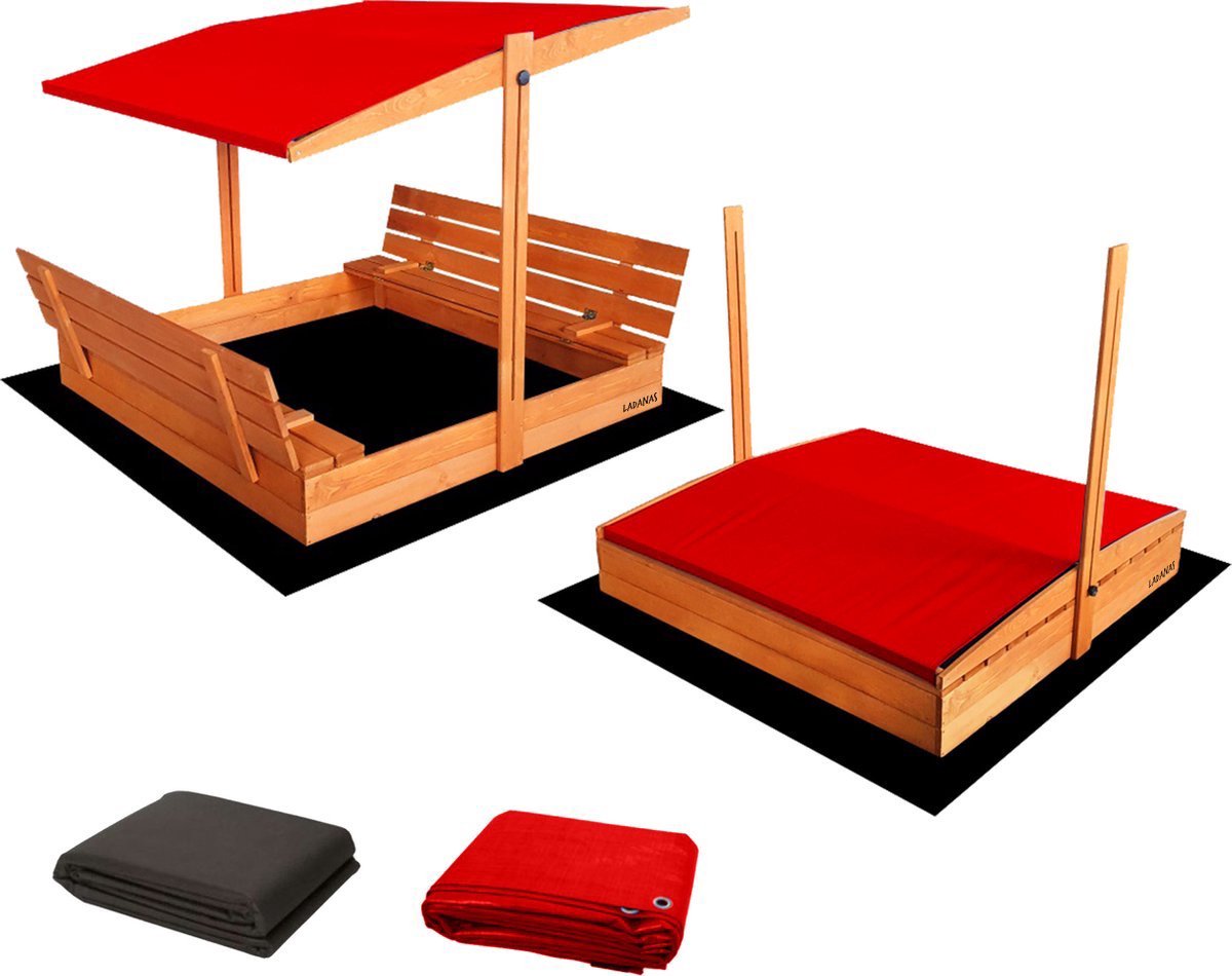 Afsluitbare XL Zandbak met Dak 140x140 cm – Gecertificeerd & Geïmpregneerd Hout | Incl. AFDEKZEIL, GRONDDOEK & Montagevideo | Voor 2-3 Kinderen | Rood